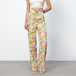 Zara Satin Effect High Waist Floral Print Pants Size Small
